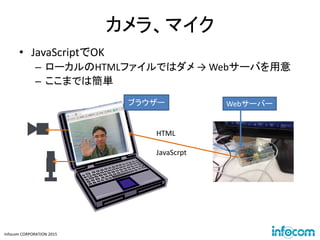 Infocom CORPORATION 2015
カメラ、マイク
• JavaScriptでOK
– ローカルのHTMLファイルではダメ → Webサーバを用意
– ここまでは簡単
ブラウザー Webサーバー
HTML
JavaScrpt
 