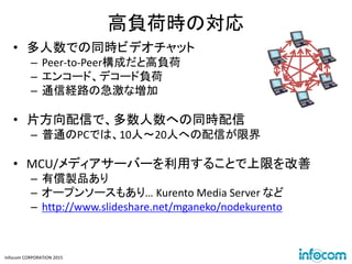 Infocom CORPORATION 2015
高負荷時の対応
• 多人数での同時ビデオチャット
– Peer-to-Peer構成だと高負荷
– エンコード、デコード負荷
– 通信経路の急激な増加
• 片方向配信で、多数人数への同時配信
– 普通のPCでは、10人～20人への配信が限界
• MCU/メディアサーバーを利用することで上限を改善
– 有償製品あり
– オープンソースもあり… Kurento Media Server など
– http://www.slideshare.net/mganeko/nodekurento
 