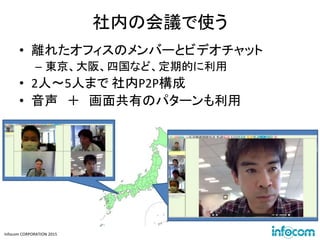Infocom CORPORATION 2015
社内の会議で使う
• 離れたオフィスのメンバーとビデオチャット
– 東京、大阪、四国など、定期的に利用
• 2人～5人まで 社内P2P構成
• 音声 ＋ 画面共有のパターンも利用
 