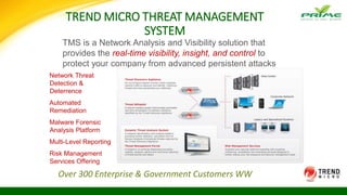 TREND MICRO THREAT MANAGEMENT
SYSTEM
TMS is a Network Analysis and Visibility solution that
provides the real-time visibility, insight, and control to
protect your company from advanced persistent attacks
Network Threat
Detection &
Deterrence
Automated
Remediation
Malware Forensic
Analysis Platform
Multi-Level Reporting
Risk Management
Services Offering
Over 300 Enterprise & Government Customers WW
 