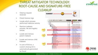 www.primeinfoserv.com | info@primeinfoserv.com
THREAT MITIGATOR TECHNOLOGY:
ROOT-CAUSE AND SIGNATURE-FREE
CLEANUP
 Cleanup request
received
 Check forensic logs
 Locate which process
performed malicious activity
 Remove malware
process, file and registry
entries
 Locate and remove
parent malware
 Locate and remove child
malware
 In case of failure, a
custom cleanup kit is
automatically generated
by Trend
 