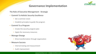 www.primeinfoserv.com | info@primeinfoserv.com
Governance Implementation
The Role of Executive Management - Strategic
 Commit To Holistic Security Excellence
 Set a common vision
 Establish principles to guide the program
 Commit To a Program
 Create the security program plan
 Apply the necessary resources
 Manage Change
 Drive transformation through organization
 Measure Success
 Internal testing and measurement
 Audit improvement
 