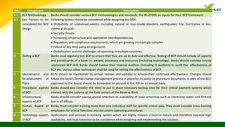 SNo Component Description
2.1 BCP Methodology Banks should consider various BCP methodologies and standards, like BS 25999, as inputs for their BCP framework.
2.3 Key Factors to be
considered for BCP
Design
Following factors should be considered while designing the BCP:
• Probability of unplanned events, including natural or man-made disasters, earthquakes, fire, hurricanes or bio-
chemical disaster
• Security threats
• Increasing infrastructure and application interdependencies
• Regulatory and compliance requirements, which are growing increasingly complex
• Failure of key third party arrangements
• Globalization and the challenges of operating in multiple countries.
3 Testing a BCP Banks must regularly test BCP to ensure that they are up to date and effective: Testing of BCP should include all aspects
and constituents of a bank i.e. people, processes and resources (including technology). Banks should consider having
unplanned BCP drill, Banks should involve their Internal Auditors (including IS Auditors) to audit the effectiveness of
BCP etc. Various other techniques shall be used for testing the effectiveness of BCP.
4 Maintenance and
Re-assessment of
Plans
BCPs should be maintained by annual reviews and updates to ensure their continued effectiveness. Changes should
follow the bank’s formal change management process in place for its policy or procedure documents. A copy of the BCP,
approved by the Board, should be forwarded for perusal to the RBI on an annual basis.
5 Procedural aspects
of BCP
Banks should also consider the need to put in place necessary backup sites for their critical payment systems which
interact with the systems at the Data centers of the Reserve Bank.
6 Infrastructural
aspects of BCP
Banks should consider paying special attention to availability of basic amenities such as electricity, water and first-aid
box in all offices.
7 Human Aspect of
BCP
Banks must consider training more than one individual staff for specific critical jobs, They must consider cross-training
employees for critical functions and document-operating procedures.
8 Technology aspects
of BCP
Applications and services in banking system which are highly mission critical in nature and therefore requires high
availability, and fault tolerance to be considered while designing and implementing the solution.
 