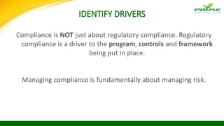 IDENTIFY DRIVERS
Compliance is NOT just about regulatory compliance. Regulatory
compliance is a driver to the program, controls and framework
being put in place.
Managing compliance is fundamentally about managing risk.
 