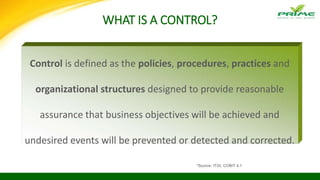 WHAT IS A CONTROL?
*Source: ITGI, COBIT 4.1
Control is defined as the policies, procedures, practices and
organizational structures designed to provide reasonable
assurance that business objectives will be achieved and
undesired events will be prevented or detected and corrected.
 