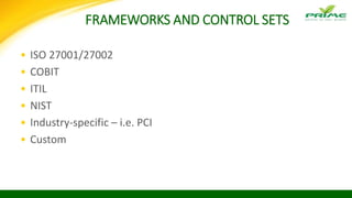 FRAMEWORKS AND CONTROL SETS
• ISO 27001/27002
• COBIT
• ITIL
• NIST
• Industry-specific – i.e. PCI
• Custom
 