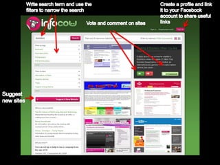 Write search term and use the filters to narrow the searchCreate a profile and link it to your Facebook account to share useful linksVote and comment on sites Suggest new sites 