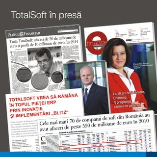 TotalSoft în presă
                                                                           INVESTIŢIILE
                                                  PIAŢA                    ÎN IT
                       10                         SOLUŢIILOR
                       PAŞI                                                 ALE CEC BANK
                                                  AML                       ÎŞI ARATĂ
                        SPRE                       CREŞTE
                        MOBILE-BANKING                                      ROADELE
                                                   NEÎNTRERUPT              44
                        DE SUCCES                  24
                        12
                                                             BĂ FAŢA IT-ULUI
                                              COVER SE SCHIM
                                                            28
                                              DIN ASIGURĂRI              TEHNOLOGII    ŞI
                                                                       RĂ DE FINANŢE
                                                           REVISTĂ LUNA
                                      • OCTOMBRIE 2011 •
                     ANUL X • NR. 133




                                            e,
                     La 10 ani de la lansar
                     Charisma
                     îţi pregăteşte
                     îţi     ăteş
                      canalul de parteneri
 