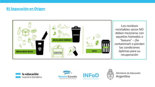 B) Separación en Origen
Los residuos
reciclables secos NO
deben mezclarse con
aquellos húmedos o
“basura” – ¡Se
contaminan! o pierden
las condiciones
óptimas para su
recuperación
11
 