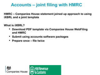 Accounts – joint filing with HMRC
HMRC – Companies House statement joined up approach to using
iXBRL and a joint template
What is iXBRL?
 Download PDF template via Companies House WebFiling
and HMRC
 Submit using accounts software packages
 Prepare once – file twice
 