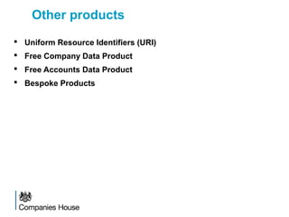 Other products
 Uniform Resource Identifiers (URI)
 Free Company Data Product
 Free Accounts Data Product
 Bespoke Products
 