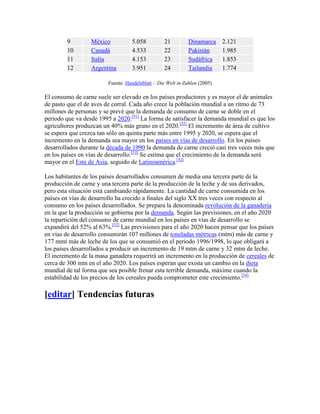9         México           5.058         21          Dinamarca     2.121
        10        Canadá           4.533         22          Pakistán      1.985
        11        Italia           4.153         23          Sudáfrica     1.853
        12        Argentina        3.951         24          Tailandia     1.774

                        Fuente: Handelsblatt – Die Welt in Zahlen (2005)

El consumo de carne suele ser elevado en los países productores y es mayor el de animales
de pasto que el de aves de corral. Cada año crece la población mundial a un ritmo de 73
millones de personas y se prevé que la demanda de consumo de carne se doble en el
periodo que va desde 1995 a 2020.[51] La forma de satisfacer la demanda mundial es que los
agricultores produzcan un 40% más grano en el 2020.[52] El incremento de área de cultivo
se espera que crezca tan sólo un quinta parte más entre 1995 y 2020, se espera que el
incremento en la demanda sea mayor en los países en vías de desarrollo. En los países
desarrollados durante la década de 1990 la demanda de carne creció casi tres veces más que
en los países en vías de desarrollo.[53] Se estima que el crecimiento de la demanda será
mayor en el Este de Asia, seguido de Latinoamérica.[52]

Los habitantes de los países desarrollados consumen de media una tercera parte de la
producción de carne y una tercera parte de la producción de la leche y de sus derivados,
pero esta situación está cambiando rápidamente. La cantidad de carne consumida en los
países en vías de desarrollo ha crecido a finales del siglo XX tres veces con respecto al
consumo en los países desarrollados. Se prepara la denominada revolución de la ganadería
en la que la producción se gobierna por la demanda. Según las previsiones, en el año 2020
la repartición del consumo de carne mundial en los países en vías de desarrollo se
expandirá del 52% al 63%.[52] Las previsiones para el año 2020 hacen pensar que los países
en vías de desarrollo consumirán 107 millones de toneladas métricas (mtm) más de carne y
177 mmt más de leche de los que se consumió en el periodo 1996/1998, lo que obligará a
los países desarrollados a producir un incremento de 19 mtm de carne y 32 mtm de leche.
El incremento de la masa ganadera requerirá un incremento en la producción de cereales de
cerca de 300 mtn en el año 2020. Los países esperan que exista un cambio en la dieta
mundial de tal forma que sea posible frenar esta terrible demanda, máxime cuando la
estabilidad de los precios de los cereales pueda comprometer este crecimiento.[54]

[editar] Tendencias futuras
 