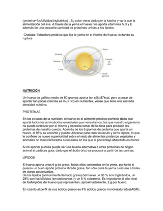 (proteína+fosfolípidos/triglicérido) . Su color viene dado por la luteína y varía con la
alimentación del ave. A través de la yema el huevo nos aporta vitaminas A,D y E
además de una pequeña cantidad de proteínas unidas a los lípidos.

-Chalaza: Estructura proteíca que fija la yema en el interior del huevo, evitando su
ruptura




NUTRICIÓN

Un huevo de gallina medio de 60 gramos aporta tan sólo 87kcal, pero a pesar de
aportar tan pocas calorías es muy rico en nutrientes, véase que tiene una elevada
densidad nutritiva.

PROTEÍNAS

En los círculos de la nutrición, el huevo es el alimento proteíco perfecto dado que
aporta todos los aminoácidos esenciales que necesitamos, los que nuestro organismo
no puede sintetizar por sí mismo y necesita tomar de la dieta para producir las
proteínas de nuestro cuerpo. Además de los 6 gramos de proteína que aporta un
huevo, el 95% se absorbe y puede utilizarse para crear musculo y otros tejidos, lo que
le confiere de nuevo superioridad sobre el resto de alimentos proteícos vegetales y
animales no manufacturados o naturales en los que el porcentaje absorbido es menor.

Al no aportar purinas puede ser una buena alternativa a otras proteínas de origen
animal si padeces gota, dado que el ácido úrico se produce a partir de las purinas.

LÍPIDOS

El huevo aporta unos 6 g de grasa, todos ellos contenidos en la yema, por tanto si
quieres un buen aporte proteico librede grasa, tan sólo quita la yema o recurre a botes
de claras pasterizadas.
De los lípidos (comúnmente llamado grasa) del huevo un 66 % son triglicéridos, un
28% son fosfolípidos (emulsionantes) y un 5 % colesterol. Es importante el alto nivel
de fosfolípidos del huevo que representan, aproximadamente, 2 g por huevo.

En cúanto al perfil de sus ácidos grasos es 4% ácidos grasos monoinsaturados(AGM),
 