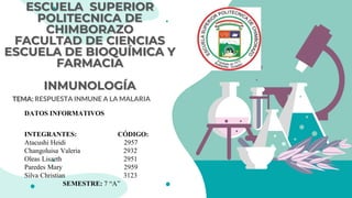 ESCUELA SUPERIOR
POLITECNICA DE
CHIMBORAZO
FACULTAD DE CIENCIAS
ESCUELA DE BIOQUÍMICA Y
FARMACIA
INMUNOLOGÍA
TEMA: RESPUESTA INMUNE A LA MALARIA
DATOS INFORMATIVOS
INTEGRANTES: CÓDIGO:
Atacushi Heidi 2957
Changoluisa Valeria 2932
Oleas Liszeth 2951
Paredes Mary 2959
Silva Christian 3123
SEMESTRE: 7 “A”
 