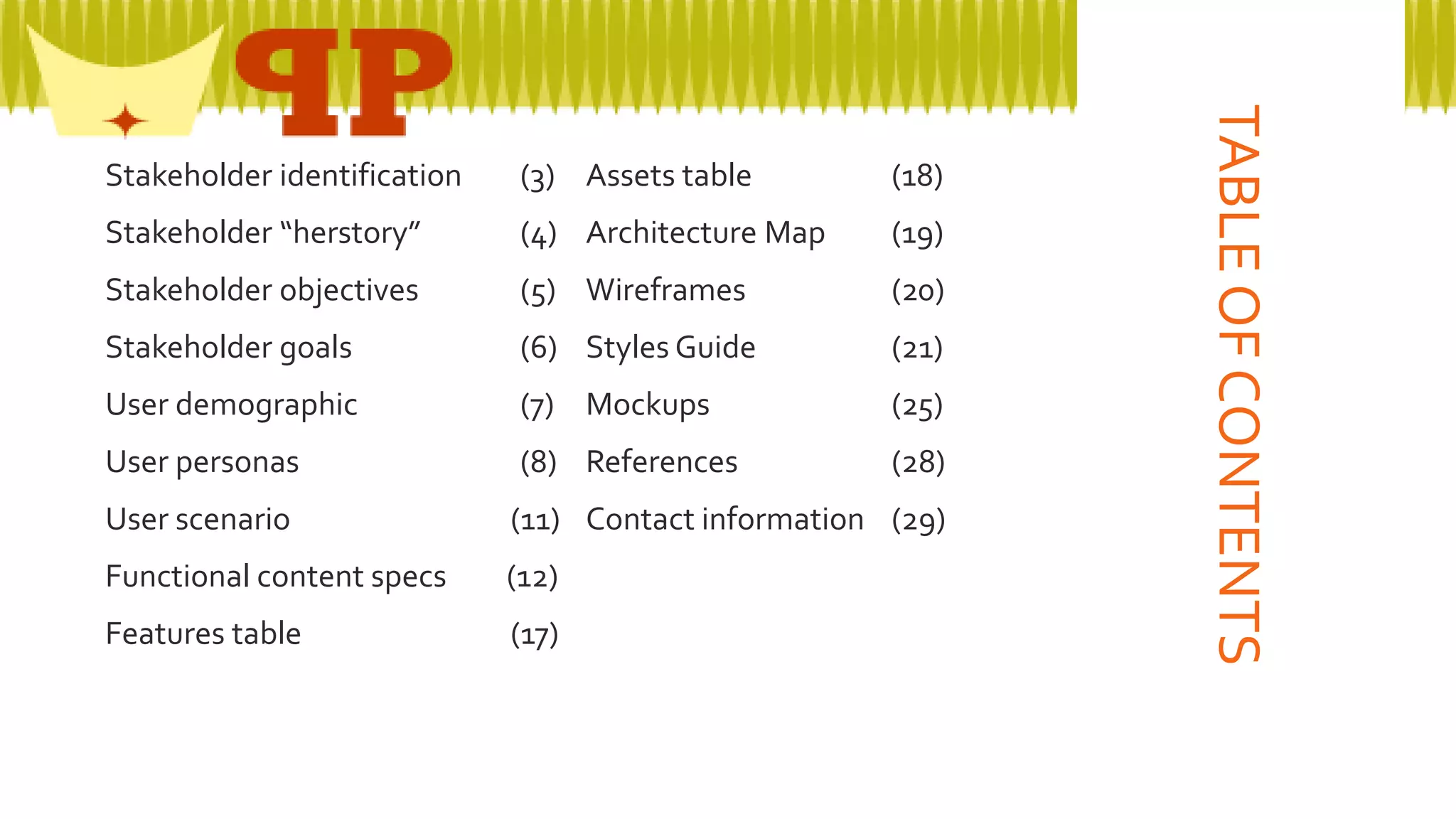 (3)  Assets table

(18)

 Stakeholder “herstory”

(4)  Architecture Map

(19)

 Stakeholder objectives

(5)  Wireframes

(20)

 Stakeholder goals

(6)  Styles Guide

(21)

 User demographic

(7)  Mockups

(25)

 User personas

(8)  References

(28)

 User scenario

(11)  Contact information (29)

 Functional content specs

(12)

 Features table

(17)

TABLE OF CONTENTS

 Stakeholder identification

 