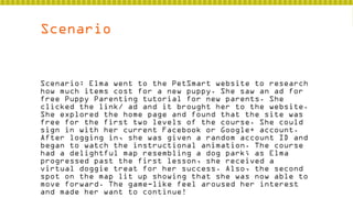 Scenario

Scenario: Elma went to the PetSmart website to research
how much items cost for a new puppy. She saw an ad for
free Puppy Parenting tutorial for new parents. She
clicked the link/ ad and it brought her to the website.
She explored the home page and found that the site was
free for the first two levels of the course. She could
sign in with her current Facebook or Google+ account.
After logging in, she was given a random account ID and
began to watch the instructional animation. The course
had a delightful map resembling a dog park; as Elma
progressed past the first lesson, she received a
virtual doggie treat for her success. Also, the second
spot on the map lit up showing that she was now able to
move forward. The game-like feel aroused her interest
and made her want to continue!

 