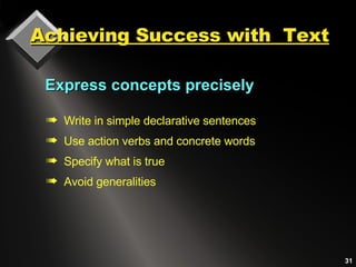 Achieving Success with  Text Express concepts precisely Write in simple declarative sentences Use action verbs and concrete words Specify what is true Avoid generalities 