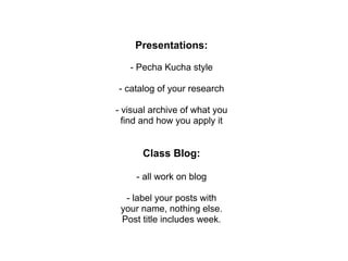 Presentations:

   - Pecha Kucha style

- catalog of your research

- visual archive of what you
  find and how you apply ...