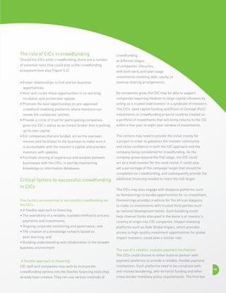 The role of CICs in crowdfunding
Should the CICs enter crowdfunding, there are a number
of potential roles they could play in the crowdfunding
ecosystem (see also Figure 5.2):

crowdfunding
at different stages
of companies’ lifecycles,
with both early and later stage
investments involving debt, equity, or

•  oster relationships to find and vet business
F

revenue sharing arrangements.

opportunities.
•  ost and curate these opportunities in co-working,
H
incubator, and accelerator spaces.
• 
Promote the best opportunities on pre-approved

As companies grow, the CIC may be able to support
companies requiring medium to large capital infusions by
acting as a trusted lead investor in a syndicate of investors.

crowdfund investing platforms where investors can

The CICs’ seed capital funding and Proof of Concept (PoC)

review the companies’ pitches.

investments in crowdfunding projects could be treated as

•  rovide a circle of trust for participating companies,
P
given the CIC’s status as an honest broker that is putting

a portfolio of investments that will bring returns to the CIC
within a five-year to eight-year window of investments.

up its own capital.
•  or companies that are funded, act as the overseer,
F

The centers may need to provide the initial money for

mentor, and facilitator to the business to make sure it

a project in order to galvanize the investor community

is accountable with the investor’s capital and provides

and show confidence in both the CIC approach and the

investors with updates.

company being considered for crowdfunding. As the

•  acilitate sharing of experience and wisdom between
F

company grows beyond the PoC stage, the CIC could

businesses with the CICs, in part by maintaining

act as a lead investor for the seed round. It could also

knowledge or information databases.

set a percentage of the campaign target that should be
completed via crowdfunding, and subsequently provide the

Critical factors to successful crowdfunding
in CICs

additional financing needed to reach the full target.
The CICs may also engage with diaspora platforms such
as Homestrings to bundle opportunities for co-investment.

Five factors are essential to successful crowdfunding via
the CICs:

Homestrings provides a vehicle for the African diaspora

•  flexible approach to financing;
A

as national development banks. Such bundling could

•  he availability of a reliable, scalable method to process
T
payments and investments;
• Ongoing corporate monitoring and governance; and
•  he creation of a knowledge network based on
T
peer learning; and
• Building understanding and collaboration in the broader
business environment

to make co-investments with trusted third parties such
help channel funds allocated to the donor’s or investor’s
country of origin into CIC companies. Impact investing
platforms such as Gate Global Impact, which provides
access to high-quality investment opportunities for global
impact investors, could plan a similar role.
The use of a reliable, scalable payment mechanism
The CICs could choose to either build or partner with

A flexible approach to financing

payment platforms to provide a reliable, flexible payment

CIC staff and companies may wish to incorporate

mechanism. Such platforms need to be compliant with

crowdfunding options into the flexible financing tools they

anti-money laundering, anti-terrorist funding and other

already have created. They can use various methods of

cross-border monetary policy requirements. The first few

79

 