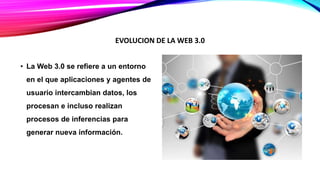 • La Web 3.0 se refiere a un entorno
en el que aplicaciones y agentes de
usuario intercambian datos, los
procesan e incluso realizan
procesos de inferencias para
generar nueva información.
EVOLUCION DE LA WEB 3.0
 
