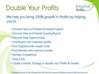 Double Your Profits
We help you bring 100% growth in Profits by helping
you to :
• Discover New and Fastest Growing Products
• Discover New and Fastest Growing Buyers
• Discover New Opportunities
• Find Buyers with maximum profits
• Find Suppliers with Lowest Costs
• Find Markets with maximum profits
• Monitor Competition
• Save Costs
• Create a Holistic Strategy to double your Profits & Growth.
Prashanrt Kumar ,Email Id:sales.delhi@infodriveindia.com,Website:www.infodriveindia.com
 