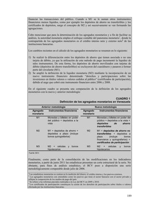 financiar las transacciones del público. Cuando a M1 se le suman otros instrumentos
financieros menos líquidos, como por ejemplo los depósitos de ahorro no transferibles y los
certificados de depósitos, surge el concepto de M2 y así sucesivamente se van formando las
agregaciones.

Cabe mencionar que para la determinación de los agregados monetarios y a fin de facilitar su
análisis, la autoridad monetaria emplea el enfoque contable del panorama monetario7, donde la
contrapartida de los agregados monetarios es el crédito interno neto y externo neto8 de las
instituciones bancarias.

Los cambios recientes en el cálculo de los agregados monetarios se resumen en lo siguiente:

1) Se realizó la diferenciación entre los depósitos de ahorro que tienen asociada o no una
   tarjeta de débito, ya que la utilización de este método de pago incrementó la liquidez de
   tales instrumentos. De esta forma, los depósitos de ahorro movilizados con tarjetas de
   débito (depósitos de ahorro transferibles) se excluyeron del cuasidinero y pasaron a formar
   parte del circulante (M1).
2) Se amplió la definición de la liquidez monetaria (M2) mediante la incorporación de un
   nuevo instrumento financiero denominado “derechos y participaciones sobre las
   inversiones en títulos valores o valores cedidos al público” (certificados de participación),
   debido al auge que cobró este instrumento financiero entre 2006 y 2008.

En el siguiente cuadro se presenta una comparación de la definición de los agregados
monetarios con la nueva y anterior metodología:

                                                                           CUADRO 1
                                  Definición de los agregados monetarios en Venezuela
               Anterior metodología                                       Nueva metodología
    Agregado          Instrumentos financieros              Agregado           Instrumentos financieros
    monetario                                               monetario
        M1           Monedas y billetes en poder                 M1         Monedas y billetes en poder del
                     del público + depósitos a la                           público + depósitos a la vista +
                     vista                                                  depósitos       de      ahorro
                                                                            transferibles
        M2           M1 + depósitos de ahorro +                  M2         M1 + depósitos de ahorro no
                     depósitos a plazo (incluye                             transferibles + depósitos a
                     bonos quirografarios)                                  plazo       (incluye      bonos
                                                                            financieros y quirografarios) +
                                                                            certificados de participación
        M3           M2 + cédulas           y   bonos            M3         M2 + cédulas             y    bonos
                     hipotecarios                                           hipotecarios
Fuente: BCV.


Finalmente, como parte de la consolidación de las modificaciones en los indicadores
monetarios, a partir de junio 2011 las estadísticas presentan un corte estructural de la serie. No
obstante, para fines de análisis estadístico, el BCV puso a disposición una serie
metodológicamente comparable desde julio de 2006.
_________________________________________________
1
  Las estadísticas monetarias se centran en la medición del dinero, el crédito interno y los pasivos externos.
2
  Los agregados monetarios son entendidos como los pasivos que tiene el sector bancario con el sector privado y
reflejan la composición de los medios de pago del país.
3
  Se refiere a las reformas parciales realizadas a la Ley del BCV en 2009 y 2010.
4
  Los certificados de participación constituyen la cesión de los derechos de participación sobre títulos o valores
efectuada por las instituciones bancarias.



                                                                                                             189
 