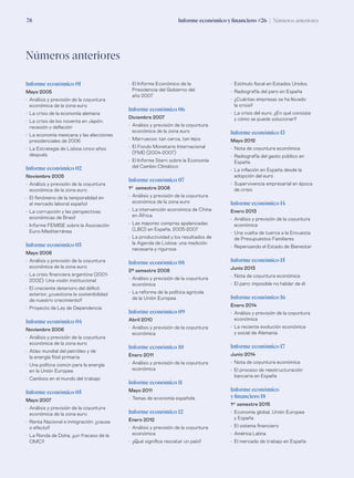 78 Informe económico y financiero #26 | Números anteriores
Informe económico 01
Mayo 2005
•	 Análisis y previsión de la coyuntura
económica de la zona euro
•	 La crisis de la economía alemana
•	 La crisis de los noventa en Japón:
recesión y deflación
•	 La economía mexicana y las elecciones
presidenciales de 2006
•	 La Estrategia de Lisboa cinco años
después
Informe económico 02
Noviembre 2005
•	 Análisis y previsión de la coyuntura
económica de la zona euro
•	 El fenómeno de la temporalidad en
el mercado laboral español
•	 La corrupción y las perspectivas
económicas de Brasil
•	 Informe FEMISE sobre la Asociación
Euro-Mediterránea
Informe económico 03
Mayo 2006
•	 Análisis y previsión de la coyuntura
económica de la zona euro
•	 La crisis financiera argentina (2001-
2002): Una visión institucional
•	 El creciente deterioro del déficit
exterior, ¿cuestiona la sostenibilidad
de nuestro crecimiento?
•	 Proyecto de Ley de Dependencia
Informe económico 04
Noviembre 2006
•	 Análisis y previsión de la coyuntura
económica de la zona euro
•	 Atlas mundial del petróleo y de
la energía fósil primaria
•	 Una política común para la energía
en la Unión Europea
•	 Cambios en el mundo del trabajo
Informe económico 05
Mayo 2007
•	 Análisis y previsión de la coyuntura
económica de la zona euro
•	 Renta Nacional e inmigración: ¿causa
o efecto?
•	 La Ronda de Doha, ¿un fracaso de la
OMC?
•	 Estímulo fiscal en Estados Unidos
•	 Radiografía del paro en España
•	 ¿Cuántas empresas se ha llevado
la crisis?
•	 La crisis del euro. ¿En qué consiste
y cómo se puede solucionar?
Informe económico 13
Mayo 2012
•	 Nota de coyuntura económica
•	 Radiografía del gasto público en
España
•	 La inflación en España desde la
adopción del euro
•	 Supervivencia empresarial en época
de crisis
Informe económico 14
Enero 2013
•	 Análisis y previsión de la coyuntura
económica
•	 Una vuelta de tuerca a la Encuesta
de Presupuestos Familiares
•	 Repensando el Estado de Bienestar
Informe económico 15
Junio 2013
•	 Nota de coyuntura económica
•	 El paro: imposible no hablar de él
Informe económico 16
Enero 2014
•	 Análisis y previsión de la coyuntura
económica
•	 La reciente evolución económica
y social de Alemania
Informe económico 17
Junio 2014
•	 Nota de coyuntura económica
•	 El proceso de reestructuración
bancaria en España
Informe económico
y financiero 18
1er
semestre 2015
•	 Economía global, Unión Europea
y España
•	 El sistema financiero
•	 América Latina
•	 El mercado de trabajo en España
•	 El Informe Económico de la
Presidencia del Gobierno del
año 2007
Informe económico 06
Diciembre 2007
•	 Análisis y previsión de la coyuntura
económica de la zona euro
•	 Marruecos: tan cerca, tan lejos
•	 El Fondo Monetario Internacional
(FMI) (2004-2007)
•	 El Informe Stern sobre la Economía
del Cambio Climático
Informe económico 07
1er
semestre 2008
•	 Análisis y previsión de la coyuntura
económica de la zona euro
•	 La intervención económica de China
en África
•	 Las mayores compras apalancadas
(LBO) en España, 2005-2007
•	 La productividad y los resultados de
la Agenda de Lisboa: una medición
necesaria y rigurosa
Informe económico 08
2º semestre 2008
•	 Análisis y previsión de la coyuntura
económica
•	 La reforma de la política agrícola
de la Unión Europea
Informe económico 09
Abril 2010
•	 Análisis y previsión de la coyuntura
económica
Informe económico 10
Enero 2011
•	 Análisis y previsión de la coyuntura
económica
Informe económico 11
Mayo 2011
•	 Temas de economía española
Informe económico 12
Enero 2012
•	 Análisis y previsión de la coyuntura
económica
•	 ¿Qué significa rescatar un país?
Números anteriores
 