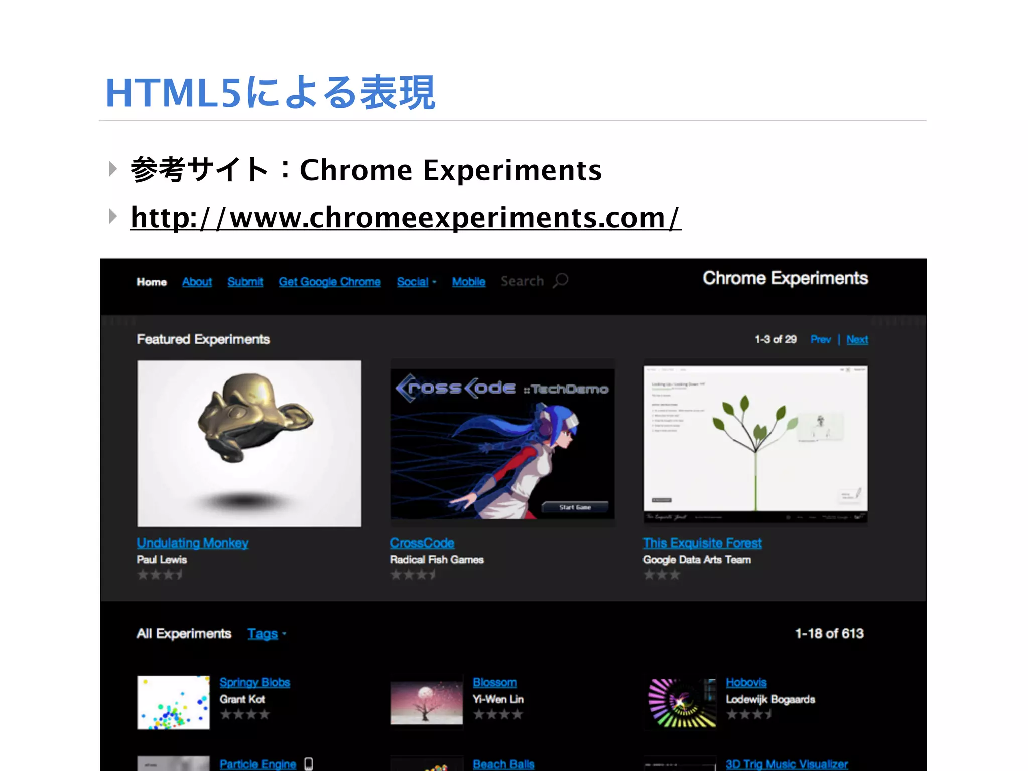HTML5による表現
‣ 参考サイト：Chrome Experiments
‣ http://www.chromeexperiments.com/
 