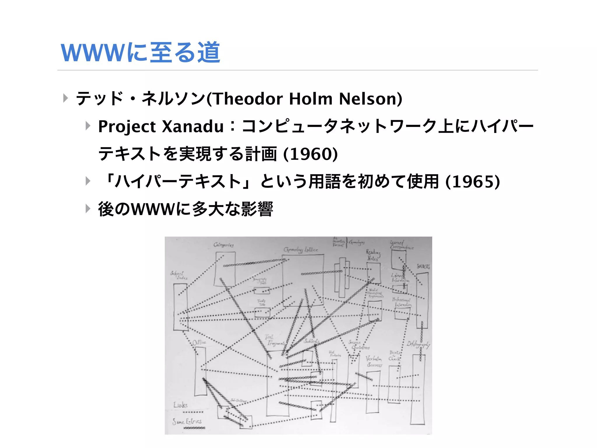 WWWに至る道
‣ テッド・ネルソン(Theodor Holm Nelson)
  ‣ Project Xanadu：コンピュータネットワーク上にハイパー
   テキストを実現する計画 (1960)
  ‣ 「ハイパーテキスト」という用語を初めて使用 (1965)
  ‣ 後のWWWに多大な影響
 