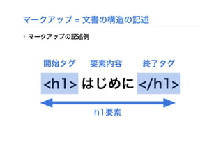 マークアップ = 文書の構造の記述
‣ マークアップの記述例
<h1> はじめに </h1>
開始タグ 終了タグ要素内容
h1要素
 