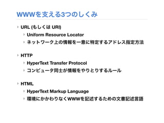 WWWを支える3つのしくみ
‣ URL (もしくは URI)
‣ Uniform Resource Locator 
‣ ネットワーク上の情報を一意に特定するアドレス指定方法
‣ HTTP 
‣ HyperText Transfer Protocol 
‣ コンピュータ同士が情報をやりとりするルール
‣ HTML 
‣ HyperText Markup Language 
‣ 環境にかかわりなくWWWを記述するための文書記述言語
 