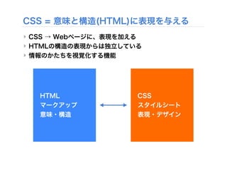 CSS = 意味と構造(HTML)に表現を与える
‣ CSS → Webページに、表現を加える
‣ HTMLの構造の表現からは独立している
‣ 情報のかたちを視覚化する機能
HTML
マークアップ
意味・構造
CSS
スタイルシート
表現・デザイン
 