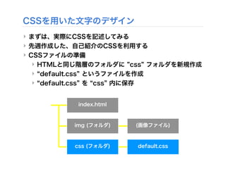 CSSを用いた文字のデザイン
‣ まずは、実際にCSSを記述してみる
‣ 先週作成した、自己紹介のCSSを利用する
‣ CSSファイルの準備
‣ HTMLと同じ階層のフォルダに css フォルダを新規作成
‣ default.css というファイルを作成
‣ default.css を css 内に保存
index.html
css (フォルダ) default.css
img (フォルダ) (画像ファイル)
 