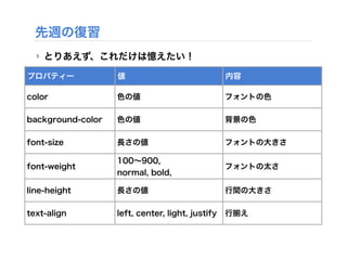 先週の復習
‣ とりあえず、これだけは憶えたい！
プロパティー 値 内容
color 色の値 フォントの色
background-color 色の値 背景の色
font-size 長さの値 フォントの大きさ
font-weight
100∼90...