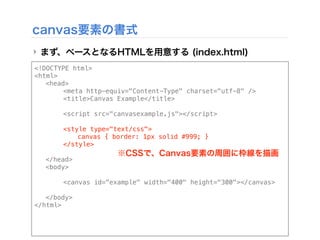 canvas要素の書式
‣ まず、ベースとなるHTMLを用意する (index.html)
‣<!DOCTYPE html>
<html>
! <head>
! ! <meta http-equiv="Content-Type" charset="utf-8" />
! ! <title>Canvas Example</title>
! !
! ! <script src="canvasexample.js"></script>
! !
! ! <style type="text/css">
! ! ! canvas { border: 1px solid #999; }
! ! </style>
! </head>
! <body>
!
! ! <canvas id="example" width="400" height="300"></canvas>
!
! </body>
</html>
※CSSで、Canvas要素の周囲に枠線を描画
 