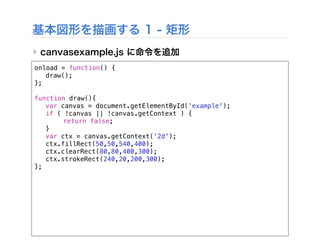基本図形を描画する 1 - 矩形
‣ canvasexample.js に命令を追加
onload = function() {
! draw();
};
function draw(){
! var canvas = document.getElementById('example');
! if ( !canvas || !canvas.getContext ) {
! ! return false;
! }
! var ctx = canvas.getContext('2d');
! ctx.fillRect(50,50,540,400);
! ctx.clearRect(80,80,400,300);
! ctx.strokeRect(240,20,200,300);
};
 