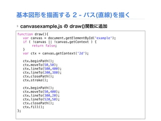基本図形を描画する 2 - パス(直線)を描く
‣ canvasexample.js の draw()関数に追加
function draw(){
! var canvas = document.getElementById('example');
! if ( !canvas || !canvas.getContext ) {
! ! return false;
! }
! var ctx = canvas.getContext('2d');
! ctx.beginPath();
! ctx.moveTo(50,50);
! ctx.lineTo(500,400);
! ctx.lineTo(200,380);
! ctx.closePath();
! ctx.stroke();
! ctx.beginPath();
! ctx.moveTo(50,400);
! ctx.lineTo(300,20);
! ctx.lineTo(520,50);
! ctx.closePath();
! ctx.fill();
};
 