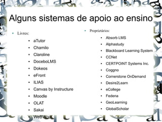 Alguns sistemas de apoio ao ensino
                                      ●   Proprietários:
●   Livres:
                                                 ●   Absorb LMS
          ●   aTutor
                                                 ●   Alphastudy
          ●   Chamilo
                                                 ●   Blackboard Learning System
          ●   Claroline                          ●   CCNet
          ●   DoceboLMS                          ●   CERTPOINT Systems Inc.
          ●   Dokeos                             ●   Coggno
          ●   eFront                             ●   Cornerstone OnDemand
          ●   ILIAS                              ●   Desire2Learn
          ●   Canvas by Instructure              ●   eCollege
          ●   Moodle                             ●   Fedena
          ●   OLAT                               ●   GeoLearning
          ●   Sakai
                                                 ●   GlobalScholar

          ●   WeBWorK
 