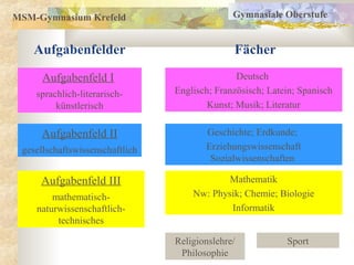 MSM-Gymnasium Krefeld                          Gymnasiale Oberstufe


   Aufgabenfelder                              Fächer

      Aufgabenfeld I                            Deutsch
    sprachlich-literarisch-      Englisch; Französisch; Latein; Spanisch
         künstlerisch                    Kunst; Musik; Literatur


     Aufgabenfeld II                    Geschichte; Erdkunde;
 gesellschaftswissenschaftlich          Erziehungswissenschaft
                                         Sozialwissenschaften

     Aufgabenfeld III                        Mathematik
        mathematisch-                Nw: Physik; Chemie; Biologie
    naturwissenschaftlich-                   Informatik
         technisches

                                 Religionslehre/            Sport
                                  Philosophie
 