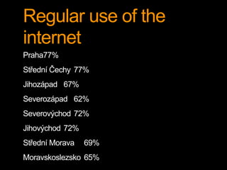 Regular use of the 
internet 
Praha 77% 
Střední Čechy 77% 
Jihozápad 67% 
Severozápad 62% 
Severovýchod 72% 
Jihovýchod 72% 
Střední Morava 69% 
Moravskoslezsko 65% 
 