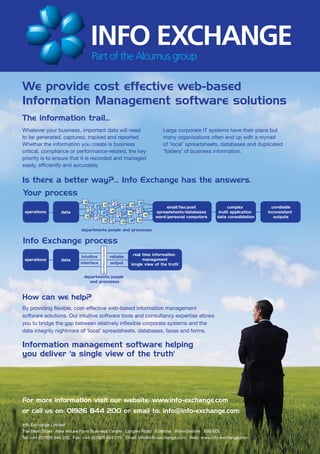 We provide cost effective web-based
Information Management software solutions
The information trail...
Whatever your business, important data will need                  Large corporate IT systems have their place but
to be generated, captured, tracked and reported.                  many organisations often end up with a myriad
Whether the information you create is business                    of ‘local’ spreadsheets, databases and duplicated
critical, compliance or performance-related, the key              ‘folders’ of business information.
priority is to ensure that it is recorded and managed
easily, efficiently and accurately.

Is there a better way?... Info Exchange has the answers.
Your process




Info Exchange process
                                     www.info-exchange.com




How can we help?
By providing flexible, cost-effective web-based information management
software solutions. Our intuitive software tools and consultancy expertise allows
you to bridge the gap between relatively inflexible corporate systems and the
data integrity nightmare of ‘local’ spreadsheets, databases, faxes and forms.

Information management software helping
you deliver 'a single view of the truth'




For more information visit our website: www.info-exchange.com
or call us on: 01926 844 200 or email to: info@info-exchange.com

Info Exchange Limited
The Bean Store New House Farm Business Centre Langley Road Edstone Warwickshire B95 6DL
Tel: +44 (0)1926 844 200 Fax: +44 (0)1926 844 219 Email: info@info-exchange.com Web: www.info-exchange.com
 