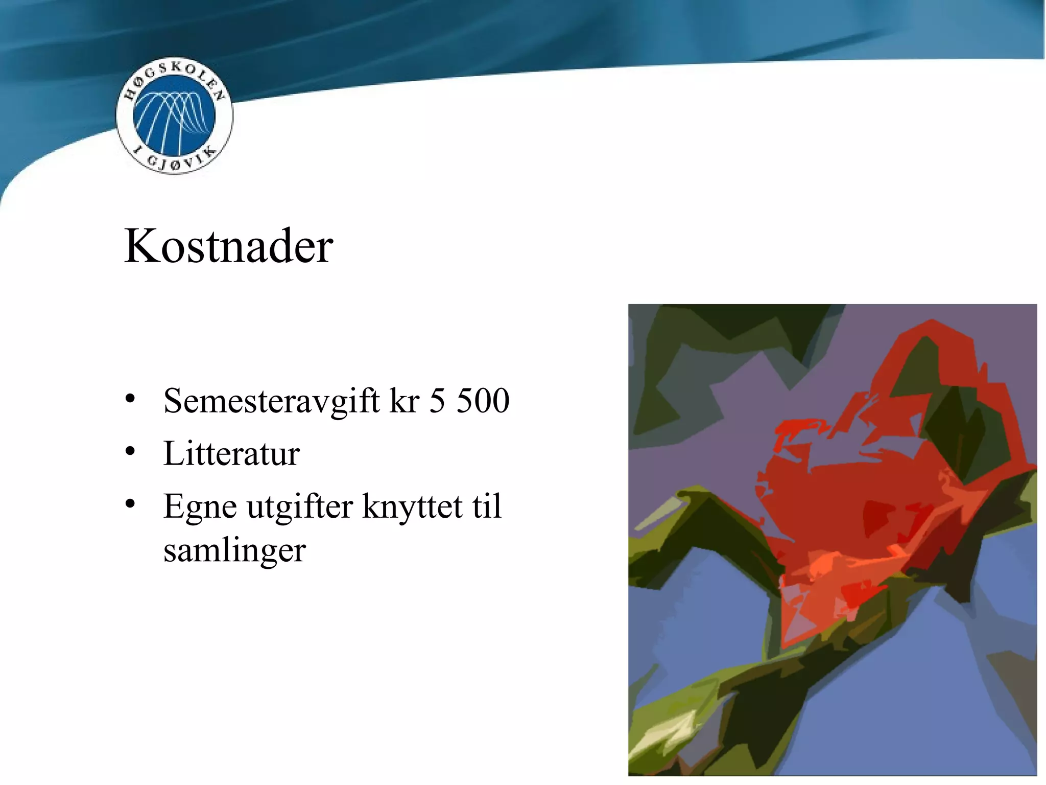 Kostnader Semesteravgift kr 5 500 Litteratur Egne utgifter knyttet til samlinger 