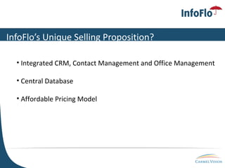 InfoFlo’s Unique Selling Proposition? Integrated CRM, Contact Management and Office Management Central Database Affordable Pricing Model 