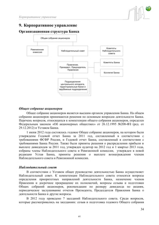 Корпоративное управление
34
9. Корпоративное управление
Организационная структура Банка
Общее собрание акционеров
Наблюдательный совет
Правление,
Президент, Председатель
Правления
Ревизионная
комиссия
Подразделения
центрального аппарата,
территориальные банки и
зарубежные подразделения
Коллегия Банка
Комитеты Банка
Комитеты
Наблюдательного
совета
Общее собрание акционеров
Общее собрание акционеров является высшим органом управления Банка. На общем
собрании акционеров принимаются решения по основным вопросам деятельности Банка.
Перечень вопросов, относящихся к компетенции общего собрания акционеров, определен
Федеральным законом «Об акционерных обществах» от 26.12.1995 №208-ФЗ (ред. от
29.12.2012) и Уставом Банка.
1 июня 2012 года состоялось годовое Общее собрание акционеров, на котором были
утверждены Годовой отчет Банка за 2011 год, составленный в соответствии с
требованиями ФСФР России, и Годовой отчет Банка, составленный в соответствии с
требованиями Банка России. Также были приняты решения о распределении прибыли и
выплате дивидендов за 2011 год, утвержден аудитор на 2012 год и 1 квартал 2013 года,
избраны члены Наблюдательного совета и Ревизионной комиссии, утвержден в новой
редакции Устав Банка, приняты решения о выплате вознаграждения членам
Наблюдательного совета и Ревизионной комиссии.
Наблюдательный совет
В соответствии с Уставом общее руководство деятельностью Банка осуществляет
Наблюдательный совет. К компетенции Наблюдательного совета относятся вопросы
определения приоритетных направлений деятельности Банка, назначение членов
Правления и досрочное прекращение их полномочий, вопросы созыва и подготовки
Общих собраний акционеров, рекомендации по размеру дивиденда по акциям,
периодическое заслушивание отчетов Президента, Председателя Правления Банка о
деятельности Банка и другие вопросы.
В 2012 году проведено 7 заседаний Наблюдательного совета. Среди вопросов,
которые рассматривались на заседаниях: созыв и подготовка годового Общего собрания
41
 