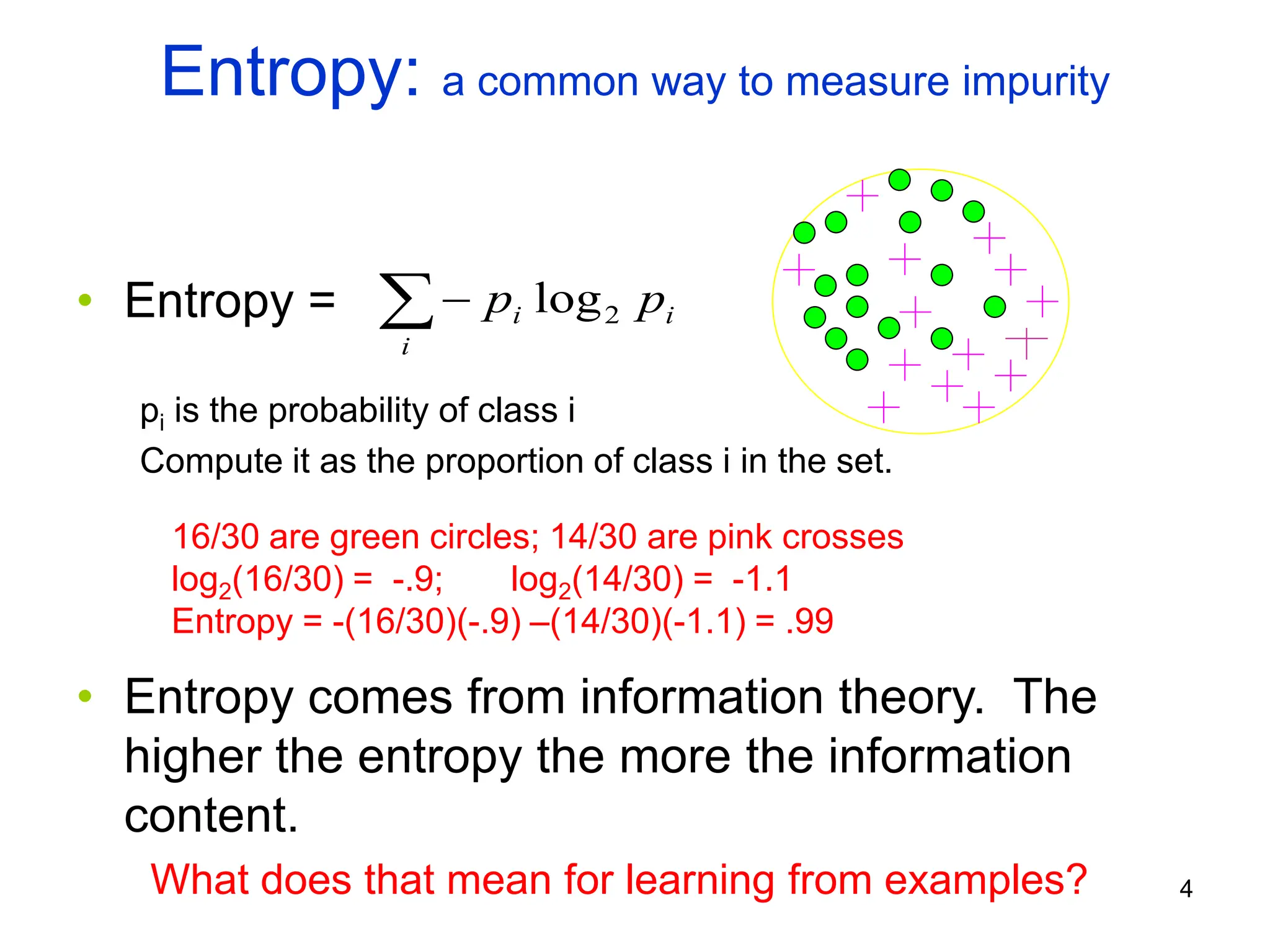 4
Entropy: a common way to measure impurity
• Entropy =
pi is the probability of class i
Compute it as the proportion of class i in the set.
• Entropy comes from information theory. The
higher the entropy the more the information
content.
∑−
i
i
i p
p 2
log
What does that mean for learning from examples?
16/30 are green circles; 14/30 are pink crosses
log2(16/30) = -.9; log2(14/30) = -1.1
Entropy = -(16/30)(-.9) –(14/30)(-1.1) = .99
 