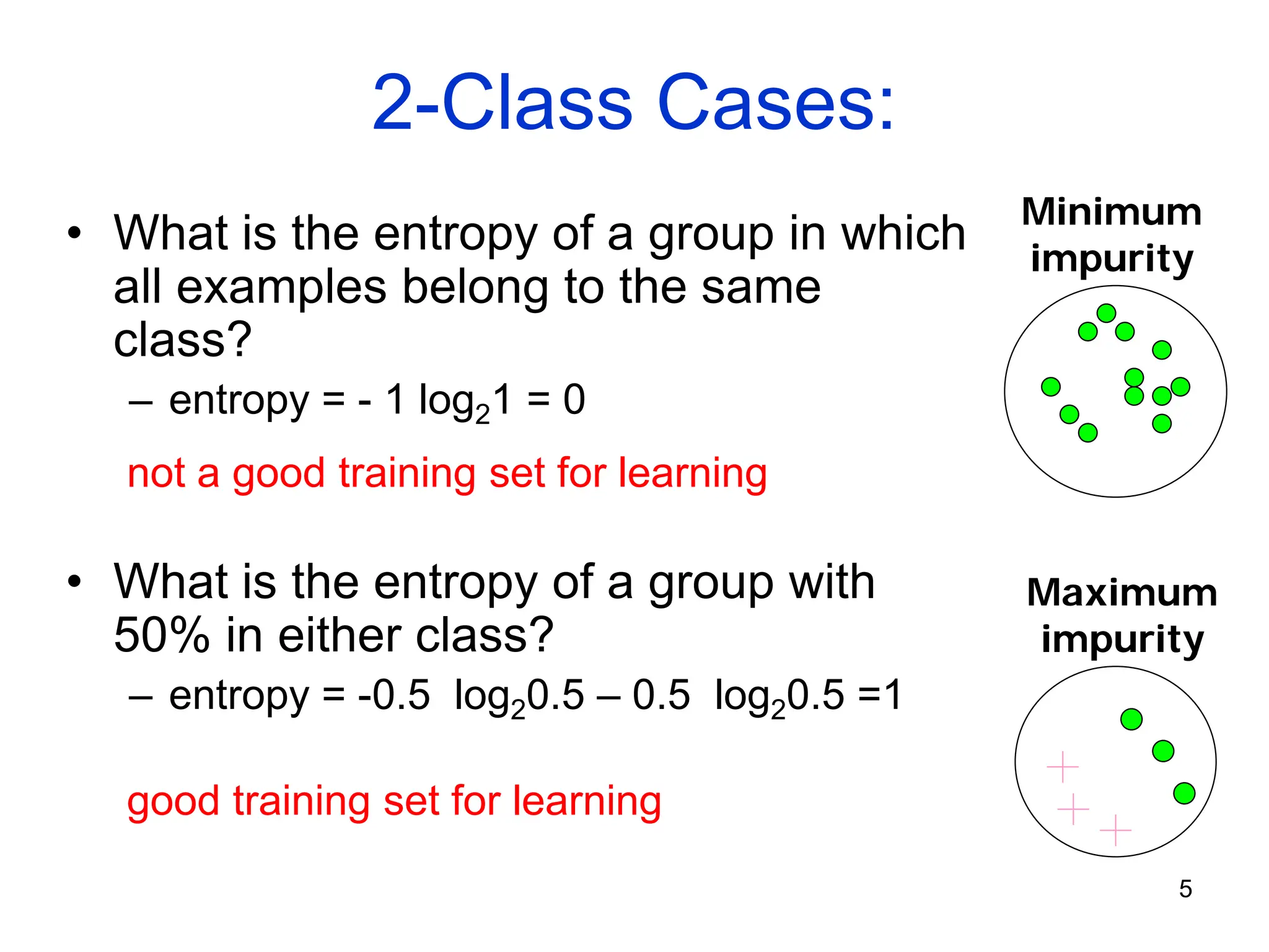 5
2-Class Cases:
• What is the entropy of a group in which
all examples belong to the same
class?
– entropy = - 1 log21 = 0
• What is the entropy of a group with
50% in either class?
– entropy = -0.5 log20.5 – 0.5 log20.5 =1
Minimum
impurity
Maximum
impurity
not a good training set for learning
good training set for learning
 