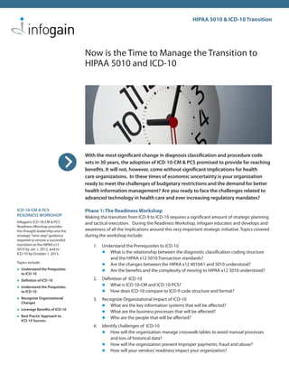 HIPAA 5010 & ICD-10 Transition




                                  Now is the Time to Manage the Transition to
                                  HIPAA 5010 and ICD-10




                                  With the most significant change in diagnosis classification and procedure code
                                  sets in 30 years, the adoption of ICD-10-CM & PCS promised to provide far reaching
                                  benefits. It will not, however, come without significant implications for health
                                  care organizations. In these times of economic uncertainty is your organization
                                  ready to meet the challenges of budgetary restrictions and the demand for better
                                  health information management? Are you ready to face the challenges related to
                                  advanced technology in health care and ever increasing regulatory mandates?

ICD-10-CM & PCS                   Phase 1: The Readiness Workshop
READINESS WORKSHOP                Making the transition from ICD-9 to ICD-10 requires a significant amount of strategic planning
Infogain’s ICD-10-CM & PCS        and tactical execution. During the Readiness Workshop, Infogain educates and develops and
Readiness Worshop provides
the thought leadership and the    awareness of all the implications around this very important strategic initiative. Topics covered
strategic “next step” guidance    during the workshop include:
required to ensure a successful
transition to the HIPAA x12           1.   Understand the Prerequisites to ICD-10
5010 by Jan 1, 2012, and to
ICD-10 by October 1, 2013.                 l	 What is the relationship between the diagnostic classification coding structure
                                              and the HIPAA x12 5010 Transaction standards?
Topics include:
                                           l	 Are the changes between the HIPAA x12 4010A1 and 5010 understood?
l	Understand the Prequisites               l	 Are the benefits and the complexity of moving to HIPAA x12 5010 understood?
  to ICD-10
l	Defintion of ICD-10                 2.   Definition of ICD-10
l	Understand the Prequisites
                                           l	 What is ICD-10-CM and ICD-10-PCS?
  to ICD-10                                l	 How does ICD-10 compare to ICD-9 code structure and format?
l	Recognize Organizational            3.   Recognize Organizational Impact of ICD-10
  Changes
                                           l	 What are the key information systems that will be affected?
l	Leverage Benefits of ICD-10
                                           l	 What are the business processes that will be affected?
l	Best Practic Approach to                 l	 Who are the people that will be affected?
  ICD-10 Success
                                      4.   Identify challenges of ICD-10
                                           l	 How will the organization manage crosswalk tables to avoid manual processes
                                               and loss of historical data?
                                           l	 How will the organization prevent improper payments, fraud and abuse?
                                           l	 How will your vendors’ readiness impact your organization?
 