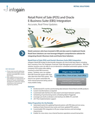 RETAIL SOLUTIONS




                                          Retail Point of Sale (POS) and Oracle
                                          E-Business Suite (EBS) Integration
                                          Accurate, Real-Time Updates




                                          Retail customers who have invested in EBS and also want to implement Oracle
                                          Retail Store Solutions can now leverage Infogain’s comprehensive solution for
                                          integrating Oracle E-Business Suite and Oracle Store Solutions

                                          Retail Point of Sale (POS) and Oracle E-Business Suite (EBS) Integration
                                          Infogain’s Retail EBS bridge bi-directionally integrates all critical retail data objects including
                                          Item, Inventory, Price, Tax, Employee, Financials, Order Management and Customers. With this
                                          solution, business users are able to run on-demand or scheduled automated updates to their
WHY INFOGAIN?                             company’s POS system after adding
l	Proven track record for delivering
                                          inventory to their EBS Inventory
  customer-focused projects which         system. Similarly, users can update
  provide measurable ROI in shorter       their EBS Financials system with store
  time frames.
l	With a global technical resource        sales data from their POS system. This
  pool, Infogain is an ideal partner of   easy-to-use system automates the
  choice for mission critical project     more manual processes being used at
  development, production support,
  maintenance, and sustaining             many retailers today.
  engineering solutions
                                          Solution
                                              l	 Bi-directional ETL tool for synchronizing data between Oracle Retail and EBS products
                                              l	 Custom transformations as required
                                              l	 Customized web interfaces for data export and import between systems
                                              l	 Scheduling of synchronizing events scheduling (Batch/Triggered)
                                              l	 Leverages pre-built accelerators and interfaces for WAIF, ETL and SOA
                                              l	 24/7 Post-implementation support


                                          Value Proposition for the Retailer
                                              l	 Automated system for updating financial systems with POS data and vice versa,
                                                   leading to faster financial close cycles and more updated POS systems
                                              l	 Customizable POS Integration to fit your unique business and technology
                                                   requirements
                                              l	 Enabler for cross-store, cross-channel business operations around transaction
 