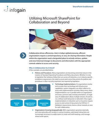 SharePoint Enablement




Utilizing Microsoft SharePoint for
Collaboration and Beyond




Collaboration drives efficiencies. And, in today’s global economy, efficient
organizations require a central repository, or area, for sharing information. People
within the organization need a designated place to actively retrieve, update,
and view historical changes to documents and information with the appropriate
controls relative to access and security.

Why is Collaboration So Critical?
A few examples are provided below.
    l	 Policies and Procedures: Many organizations are becoming extremely mature in the
        creation of Standard Operating Procedures and Policy documents. Whether it is due
        to legislation like Sarbanes Oxley that runs across all industries, or an industry-specific
        compliance requirement, the need to access and control documents for policies and
        procedures is often not only important, but required by legislation.
                                   l	 Technology Implementations: As organizations evolve
                                        and increase their technology and infrastructure
                                        capabilities, system integrators are often called on to
                                        assist with implementation activities. Many times, these
                                        implementations run in parallel within an organization
                                        and share common tasks and documentations. A single
                                        area of collaboration allows multiple streams of work to
                                        run, without work being lost or redundant. Once again,
                                        implementations in industries such as Insurance require
                                        access to and control of documents for CFR Part 11
                                        Validation requirements, hence a driver towards an area
                                        for web collaboration.
    l	 Organizations Growing Geographically: With organizations growing nationally
        and internationally with vendors in various locations, web-based interactions are
        increasingly necessary to enable teams to create and hold meetings, and manage
        shared work spaces.
 