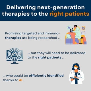 Delivering next-generation
Delivering next-generation
therapies to
therapies to the
the right patients
right patients
... who could be efficiently identified
thanks to AI.
... but they will need to be delivered
to the right patients ...
Promising targeted and immuno-
therapies are being researched ...
 